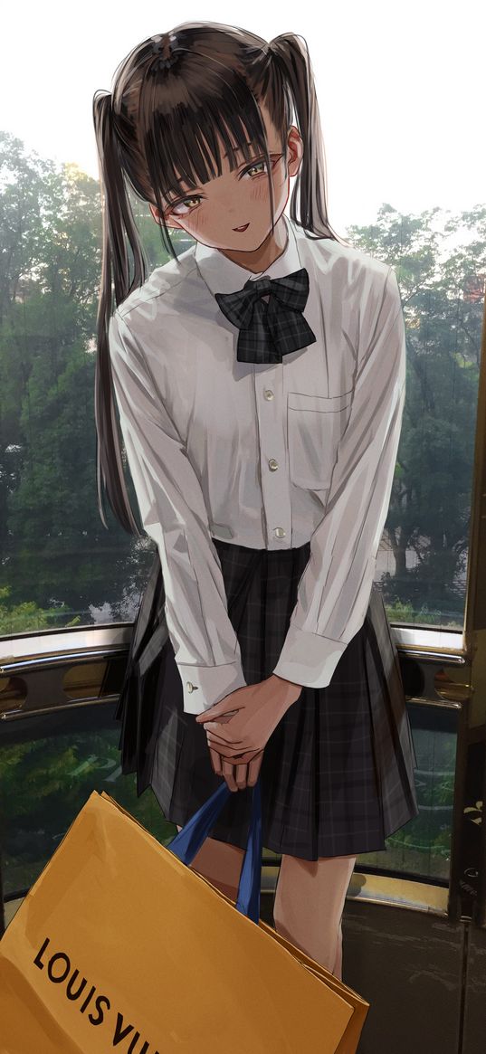 girl, school uniform, skirt, bag, louis vuitton, beautiful, cute, windows, anime, art