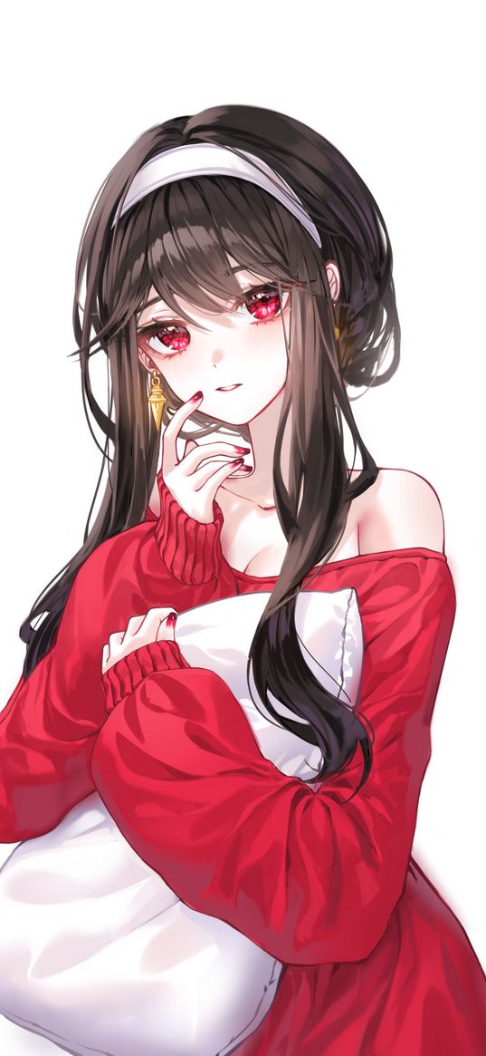 yor forger, spy x family, anime, girl, red eyes, red sweater, pillow, beautiful, cute, art