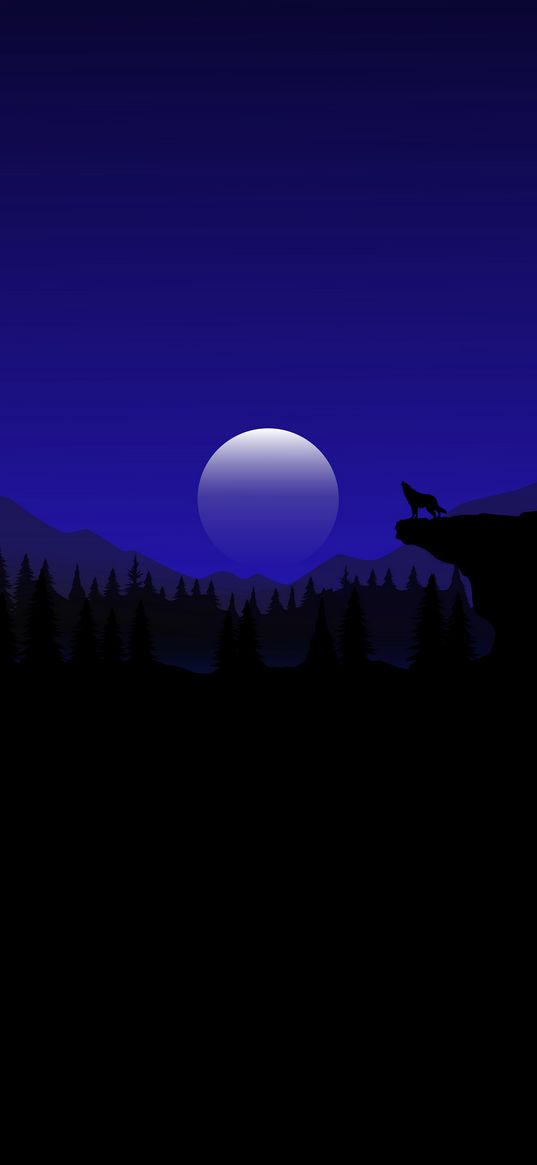 wolf, moon, trees, hills, night, vector, art