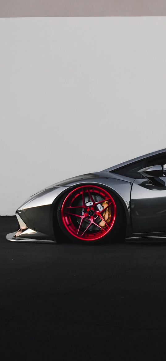 lamborghini huracan, lamborghini, sports car, car, gray, red wheels, asphalt