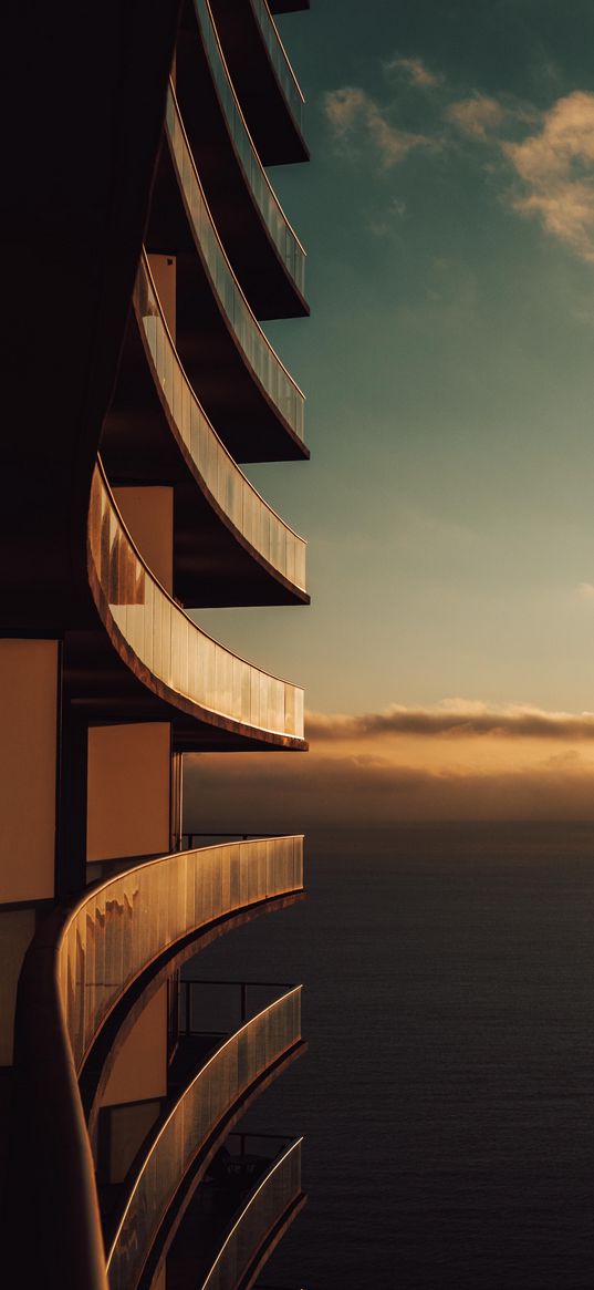 building, balcony, architecture, sea, sky, sunset