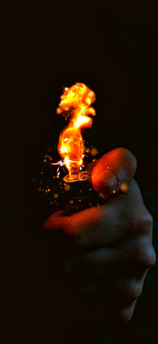 fire, lighter, hand, darkness, sparks