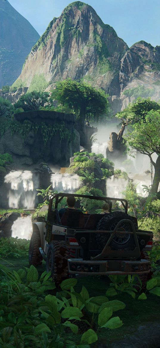 nathan drake, uncharted, game, character, car, trees, mountain, waterfall