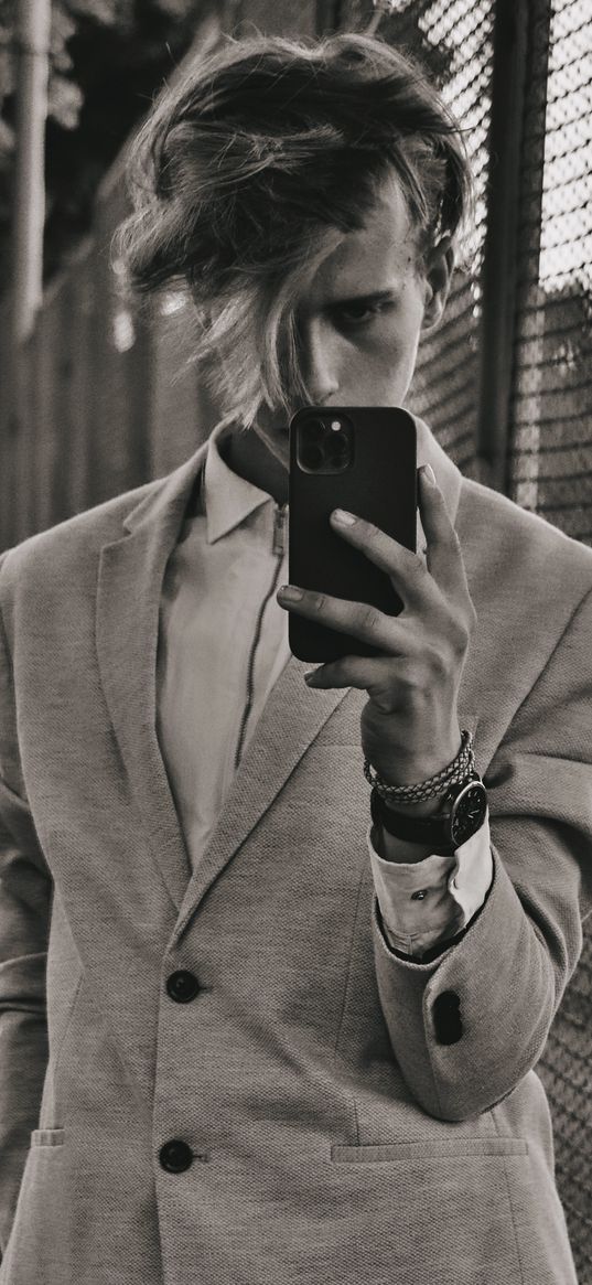 man, phone, black and white, jacket, model, male