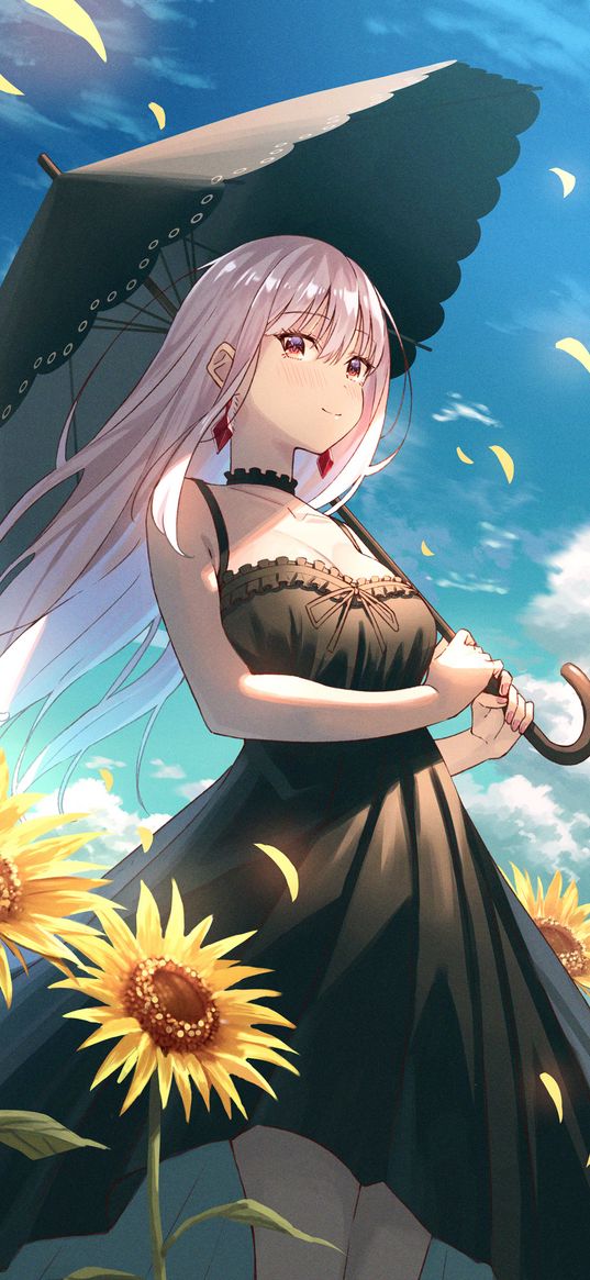 girl, umbrella, sunflowers, flowers, anime, art