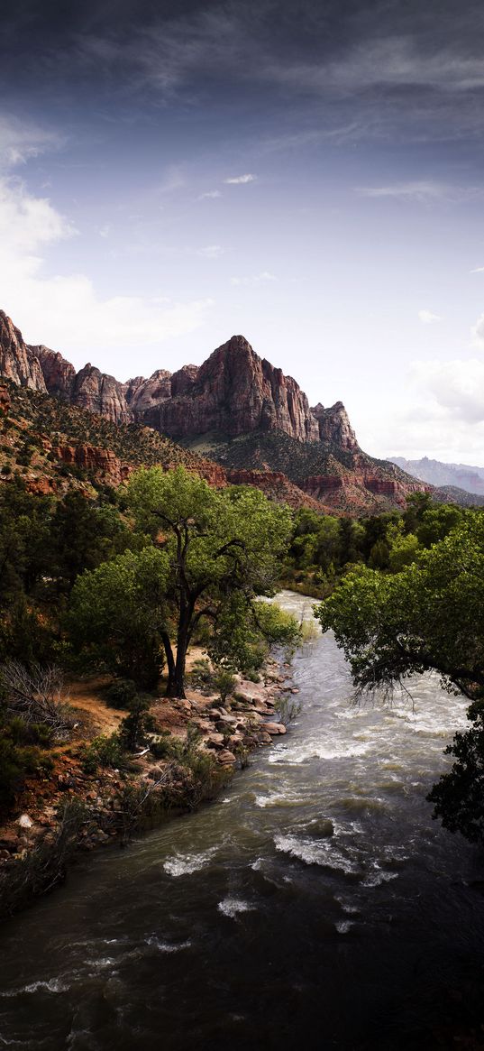 river, trees, mountains, rocks, clouds, sky, landscape, nature