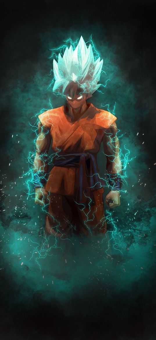 goku, dragon ball, anime, fighter, guy, lightning, super power, smoke, dark background, art