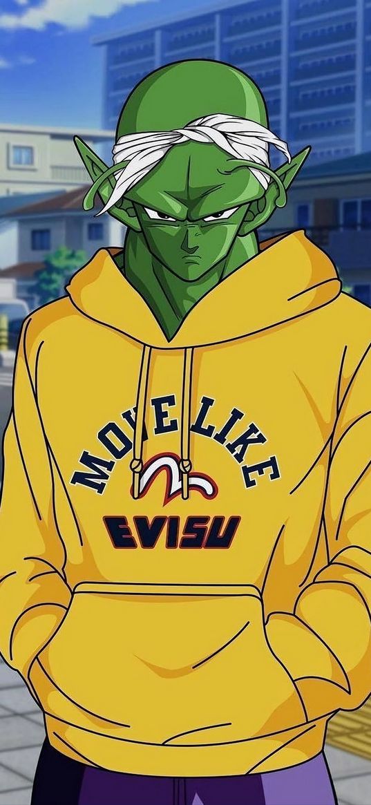 piccolo, dragon ball, anime, fighter, guy, hoodie, serious, green, street, art