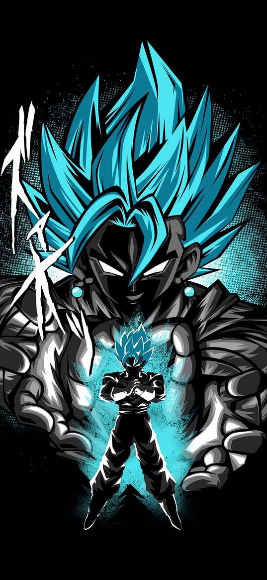 goku, dragon ball, anime, fighter, super power, blue, black background, art