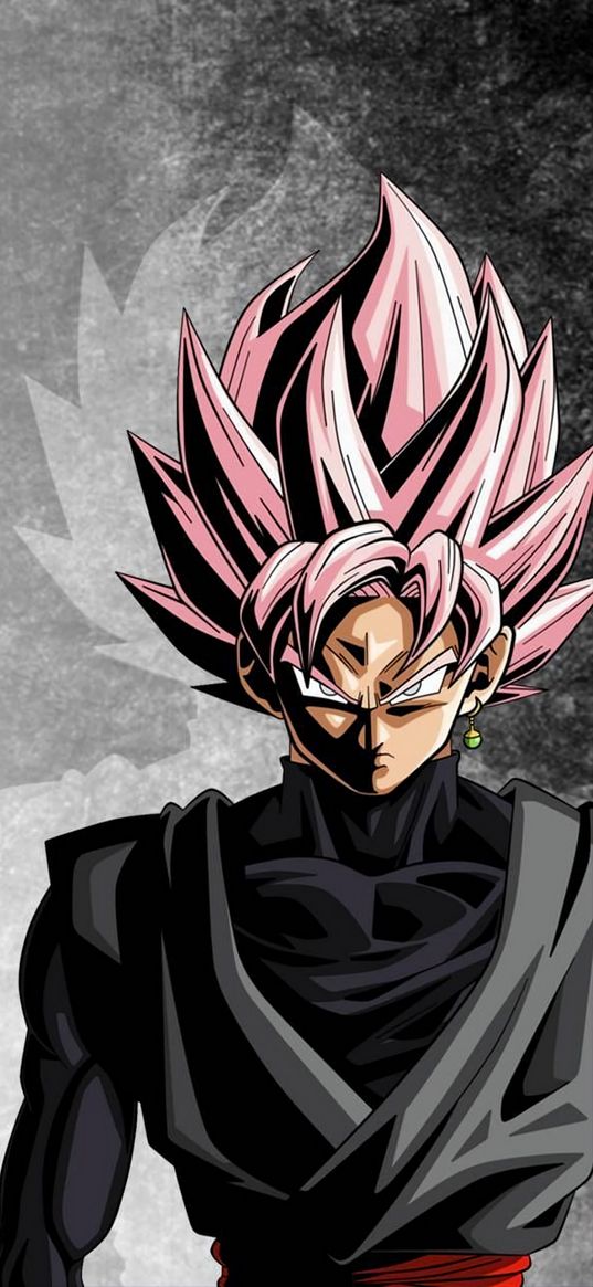 goku, dragon ball, anime, fighter, guy, angry, pink hair, gray background, art