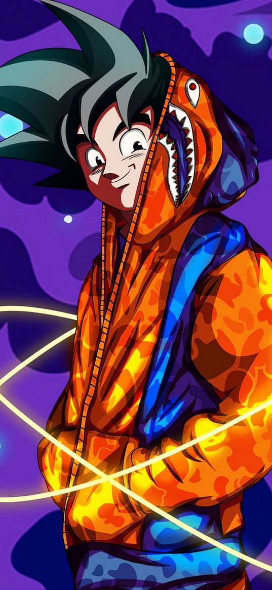 goku, dragon ball, anime, fighter, guy, hoodie, funny, happy, magic, glow, art