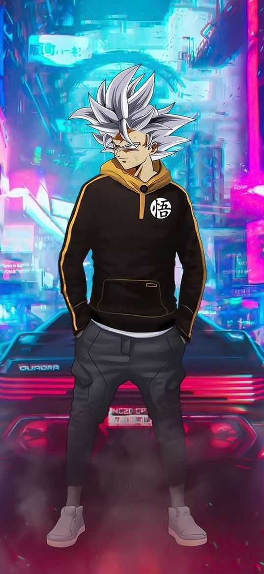 goku, dragon ball, anime, fighter, guy, gray hair, car, street, neon, cyberpunk, cool, art