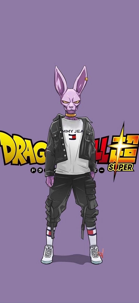 beerus, dragon ball, anime, cat, villain, god, fashionable, stylish, cool, purple background, art