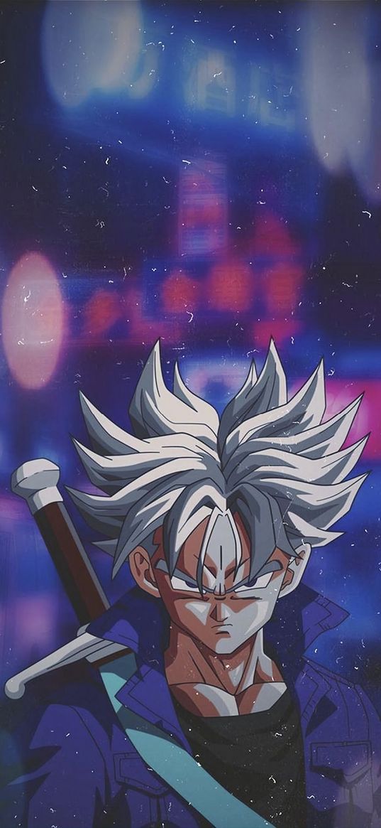 trunks, dragon ball, anime, warrior, guy, sword, evil, lights, glare, art