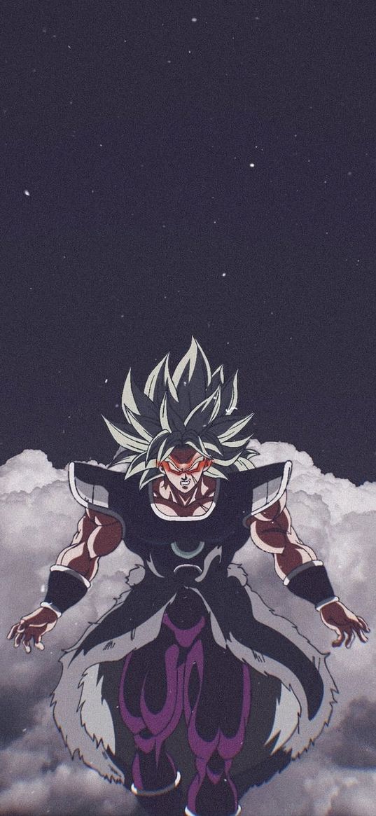 broly, dragon ball, anime, warrior, armor, muscular, angry, clouds, stars, night, art