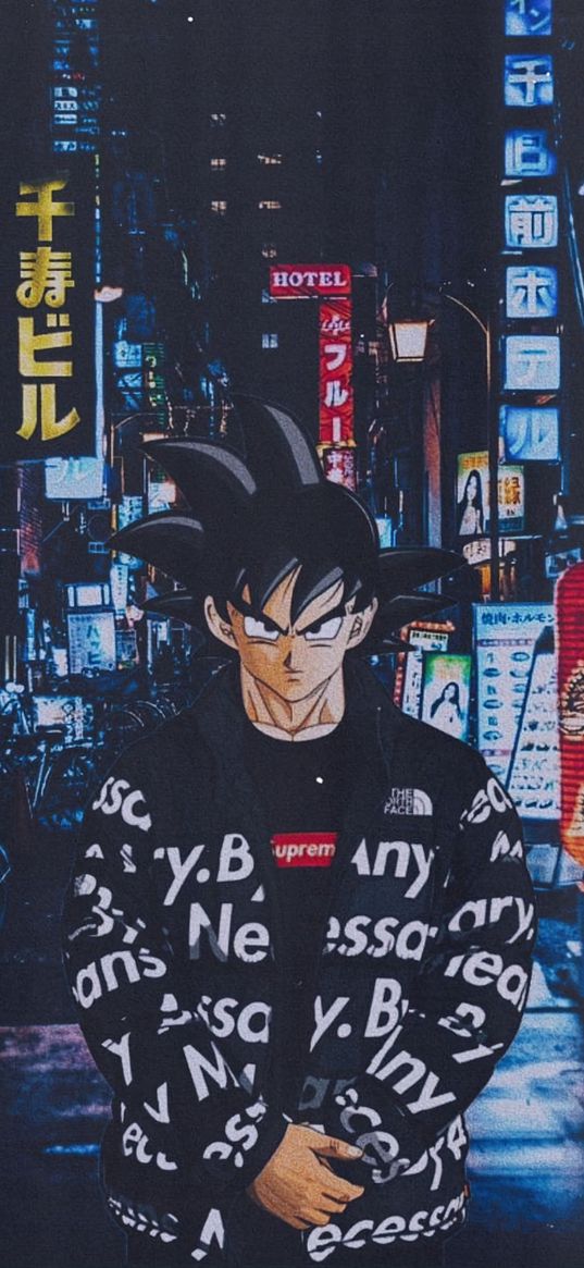 goku, dragon ball, anime, fighter, guy, supreme, fashionable, stylish, street, lights, art