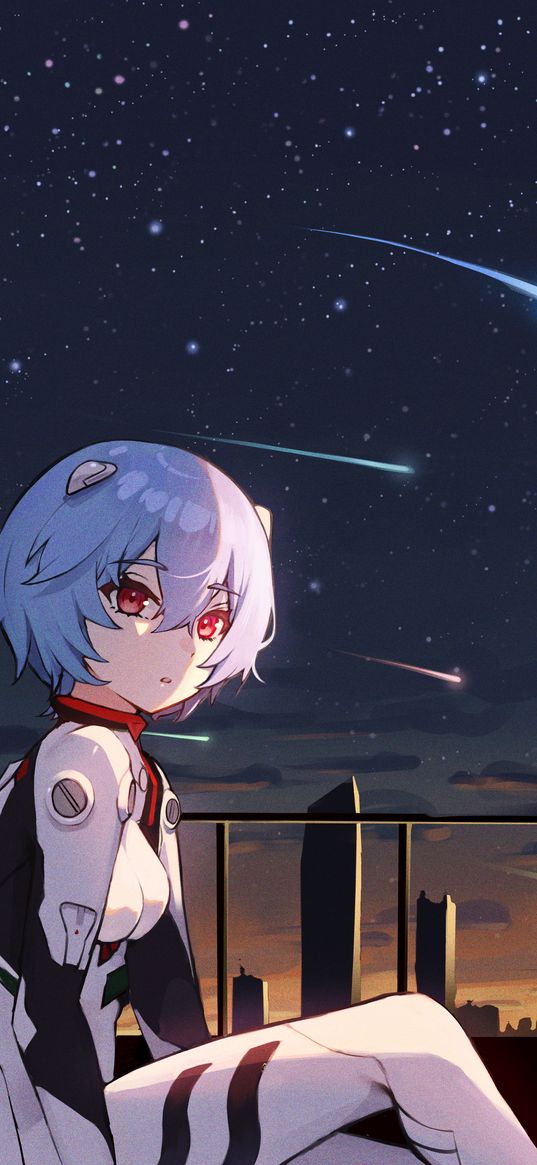 ayanami rei, evangelion, anime, girl, cute, cyborg, comets, stars, city, art