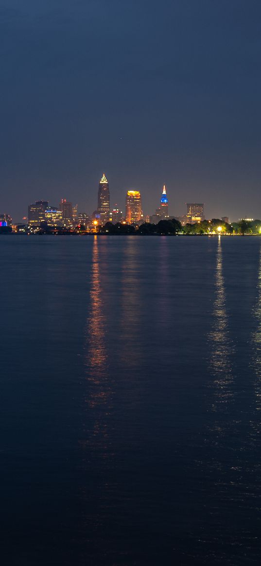 towers, lights, buildings, river, city