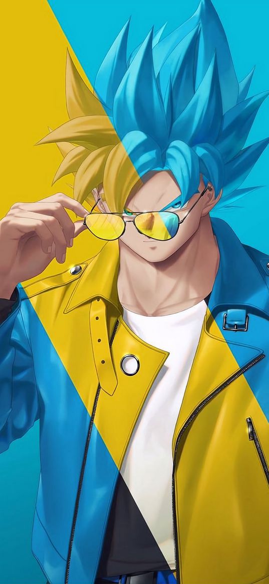 goku, dragon ball, anime, fighter, guy, sunglasses, leather jacket, cool, yellow, blue, art