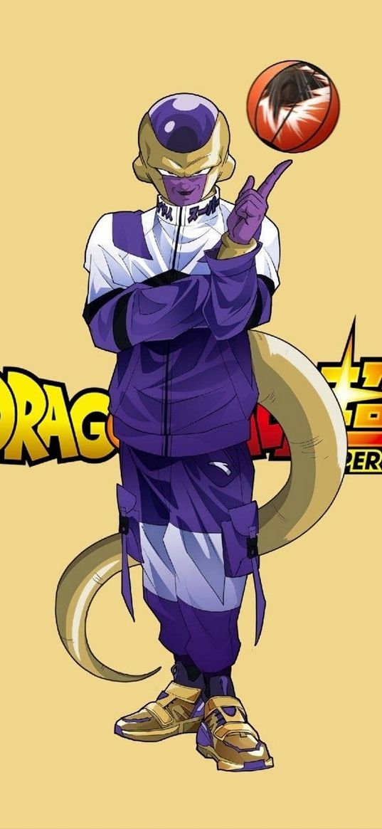 frieza, dragon ball, anime, villain, tail, tracksuit, ball, basketball, yellow background, art