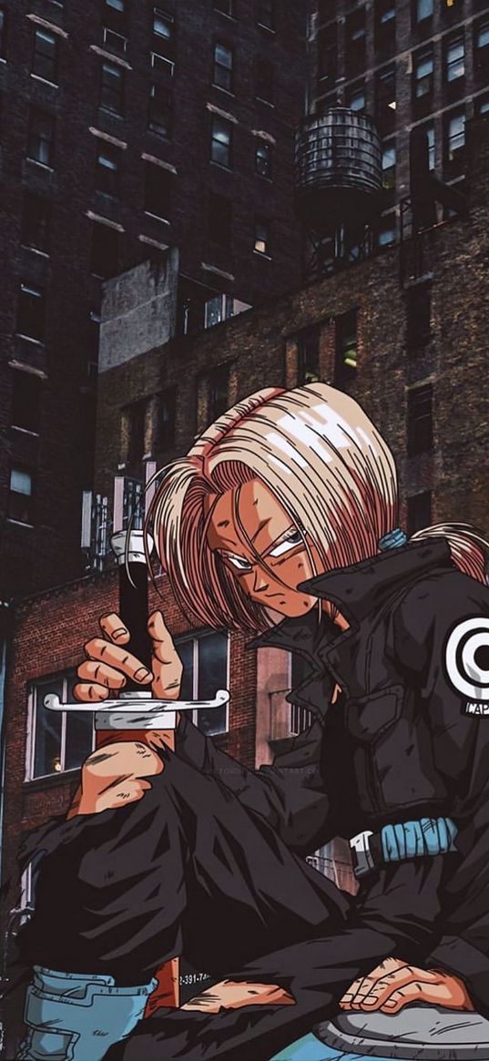 trunks, dragon ball, anime, warrior, guy, sword, serious, slum, street, art