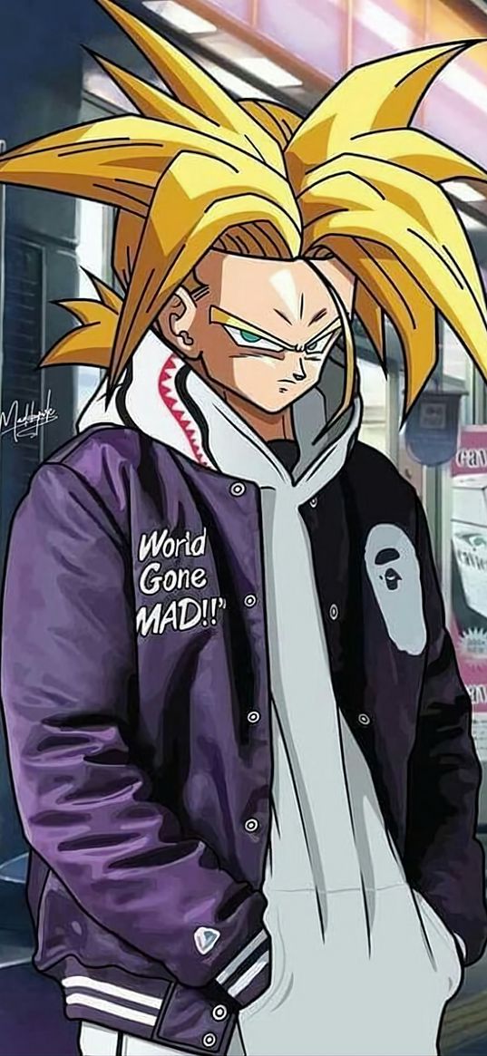 trunks, dragon ball, anime, guy, angry, cool, bomber, hoodie, shop, street, art