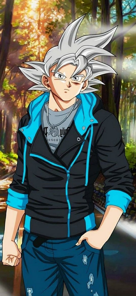 goku, dragon ball, anime, fighter, guy, gray hair, road, trees, forest, park, art