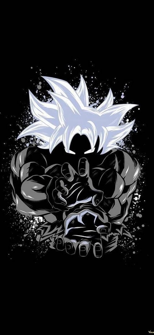 goku, dragon ball, anime, fighter, warrior, gray hair, silhouette, super punch, black background, art