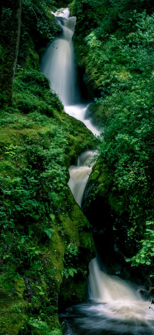 waterfall, splashes, stones, grass, moss