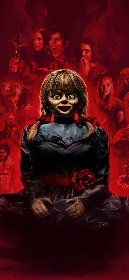 annabel, movie, horror, doll, characters, scary, red background, poster