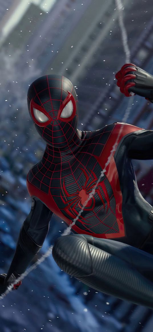 miles morales, spider-man, spiderman, superhero, marvel, web, flight, city, snow, art