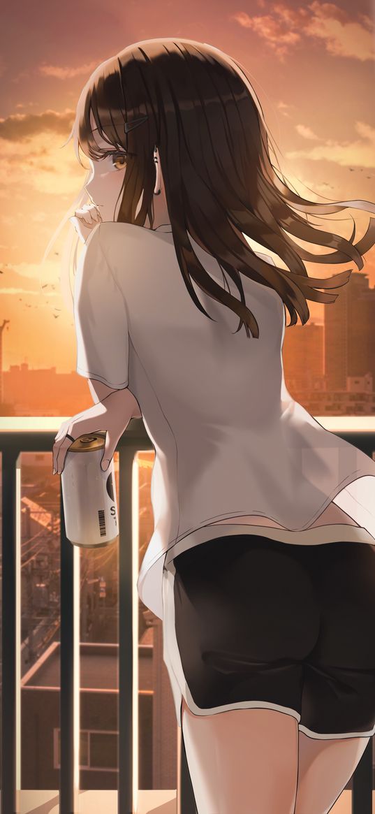 girl, beautiful, cute, t-shirt, shorts, drink, balcony, city, sunset, evening, anime, art