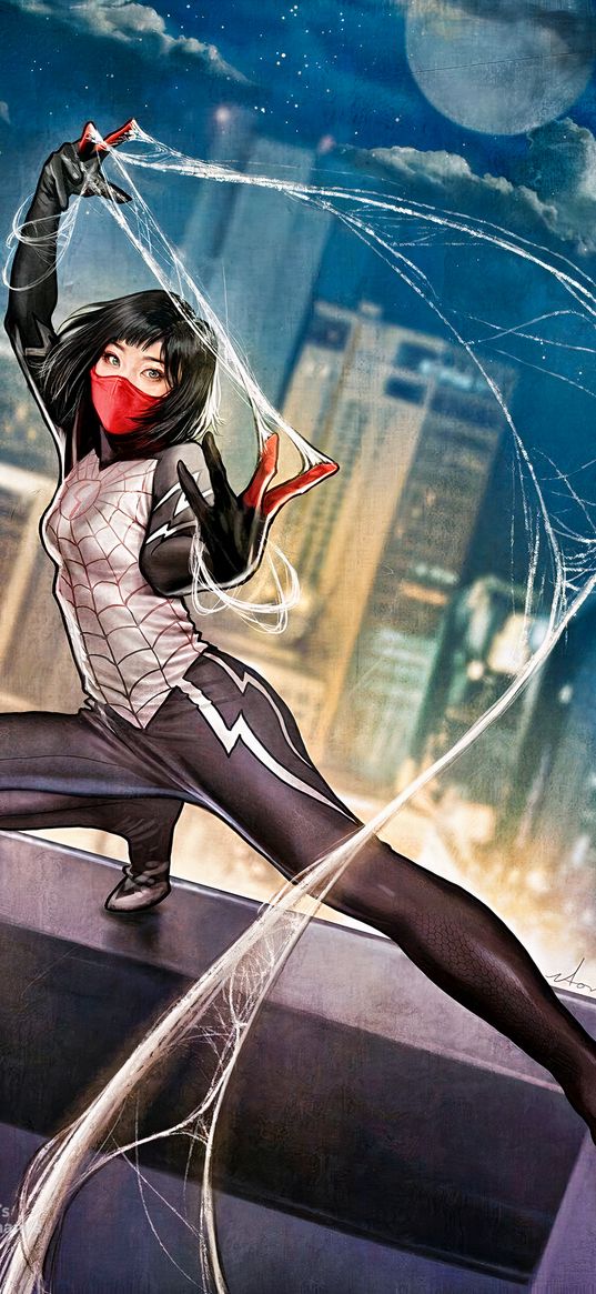 silk, cindy moon, spider-man, spiderman, superhero, marvel, girl, web, city, art