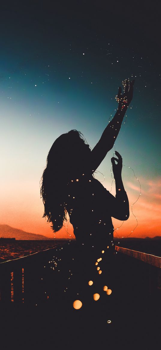 girl, silhouette, garland, stars, lights, pier, sunset