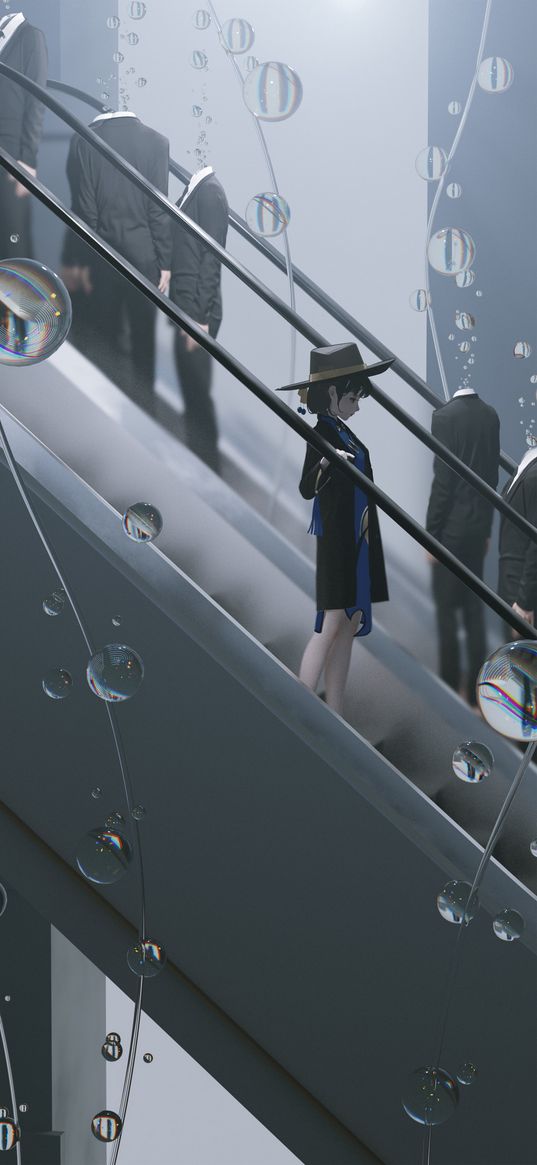 girl, anime, art, kimono, escalator, suits, drops, water, balloons