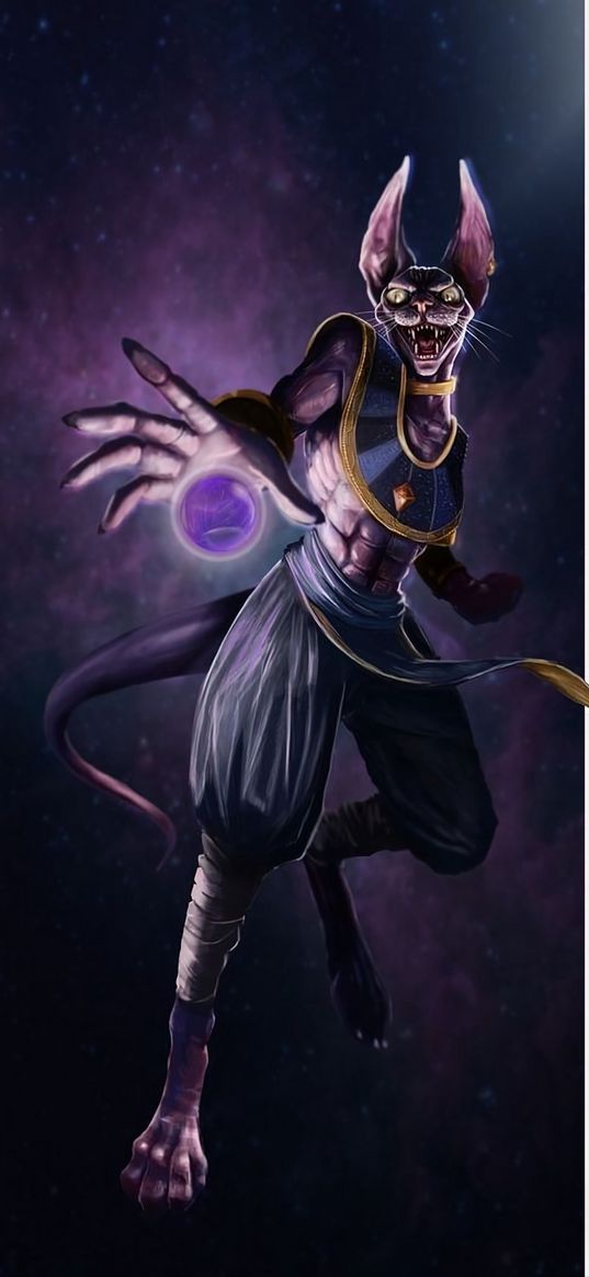 beerus, dragon ball, anime, character, cat, god, magic, ball, space, art