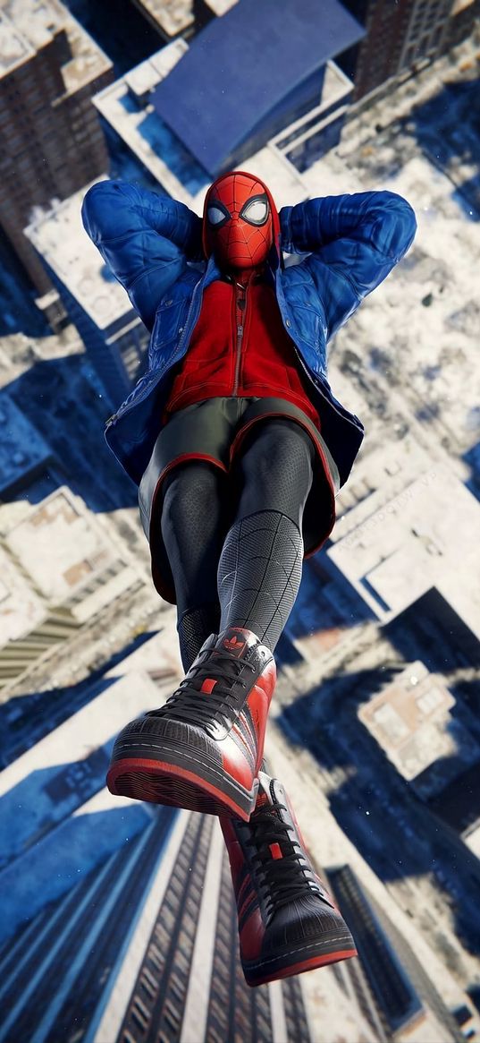 spiderman, spider-man, marvel, superhero, flight, pose, city, aerial view, art