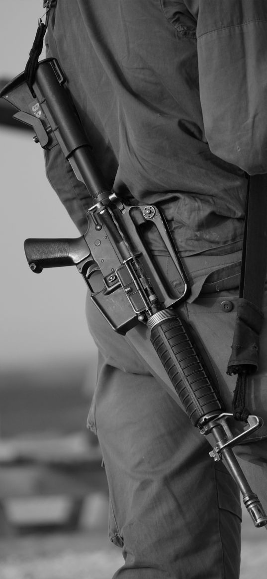 man, gun, rifle, black and white