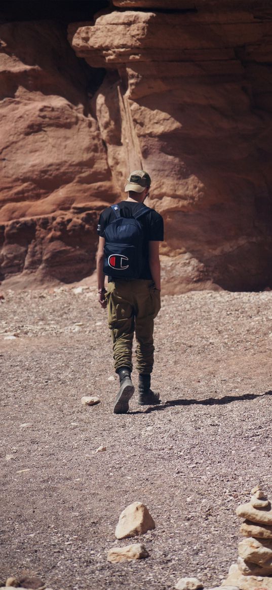 man, backpack, rocks, landscape