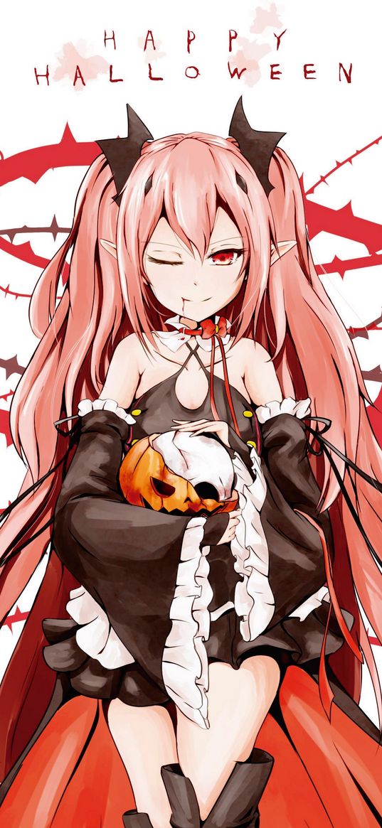 girl, vampire, halloween, pumpkin, inscription, anime, art