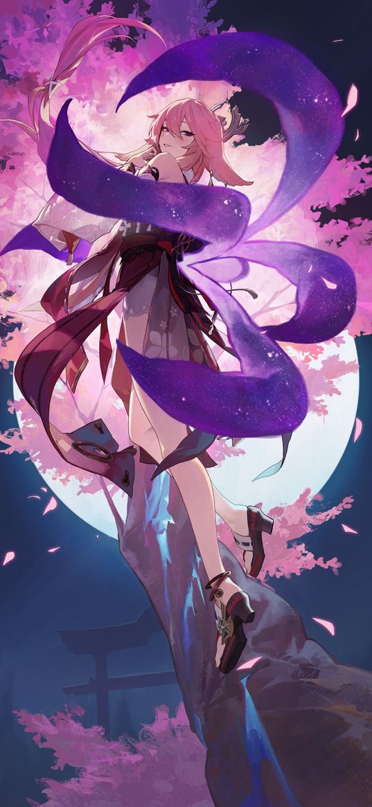 yae miko, genshin impact, anime, girl, art, game, sakura, moon, night