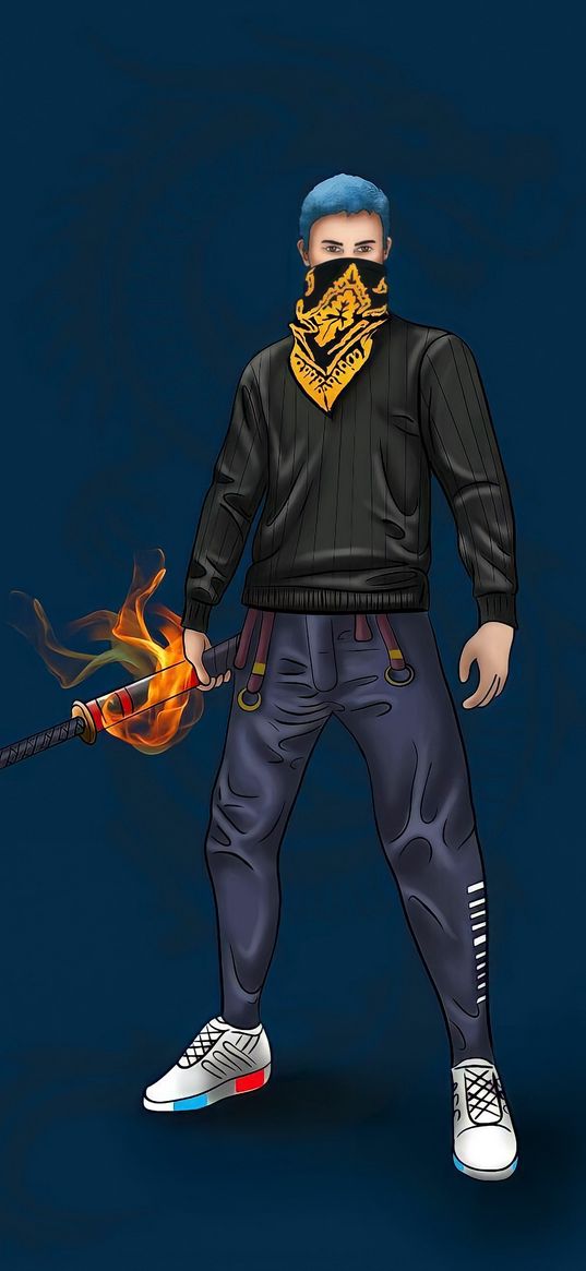 free fire, game, guy, bandana, sword, fire, dragon, blue background, art