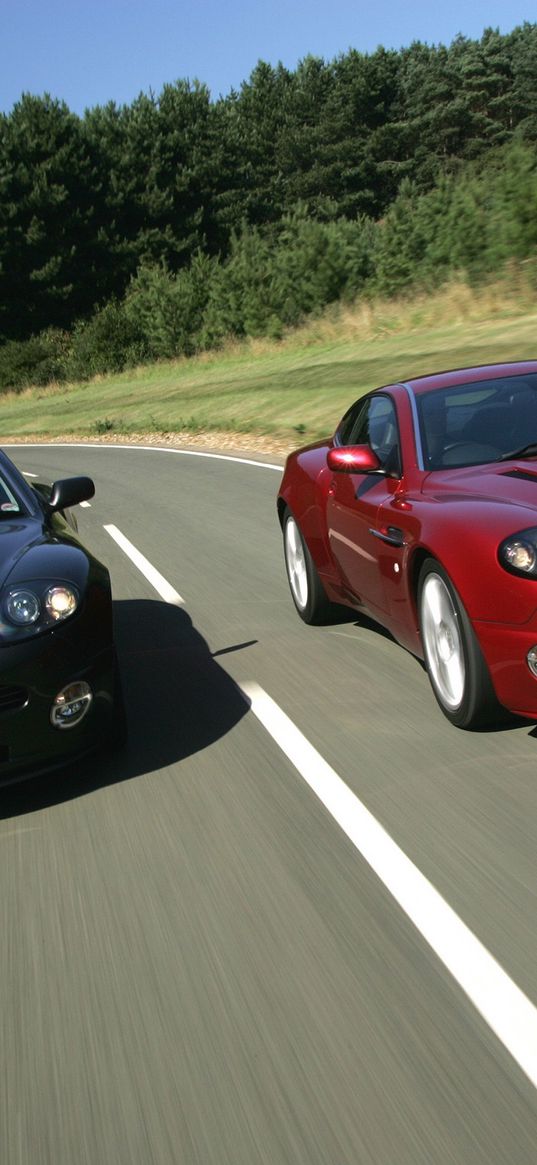 aston martin, v12, vanquish, 2004, black, red, front view, cars, speed