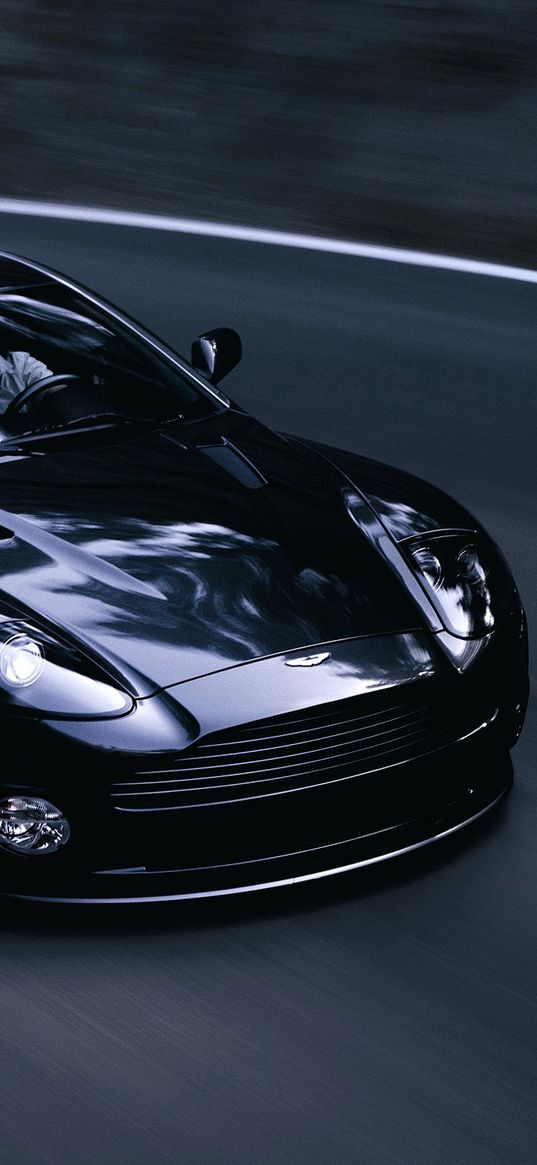 aston martin, v12, vanquish, 2004, black, front view, style, asphalt