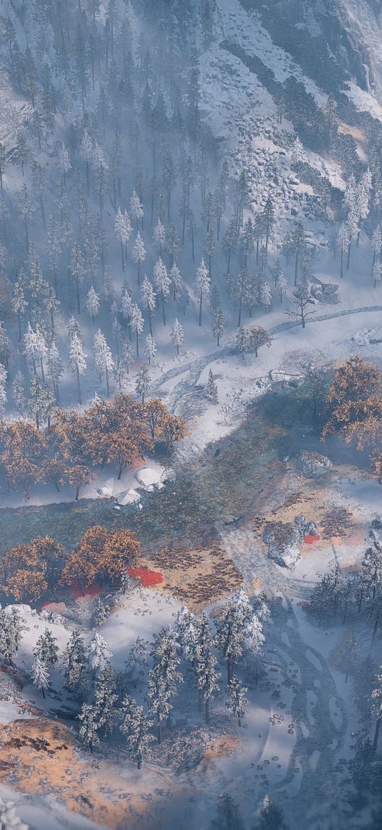 horizon zero dawn, game, trees, mountains, forest, snow, winter, landscape, nature