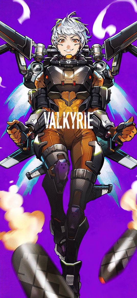 valkyrie, apex legends, game, girl, jetpack, rockets, flying, purple background, art