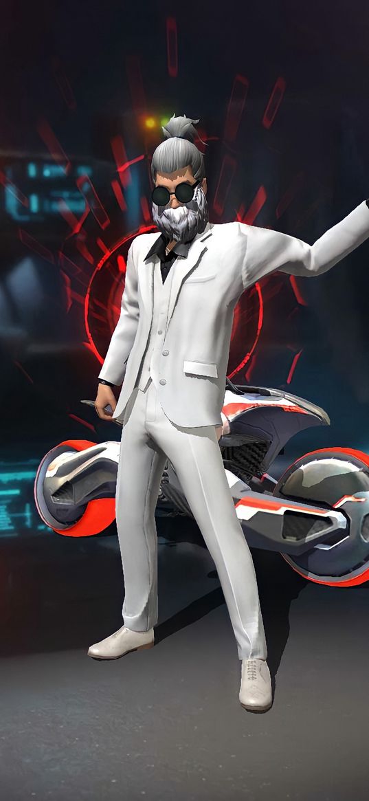 free fire, game, character, suit, white, glasses, motorcycle, art