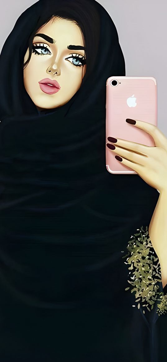 girl, chador, black, phone, pink, art