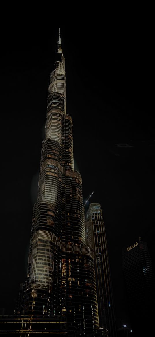 burj khalifa, dubai, united arab emirates, skyscraper, night, dark, lights