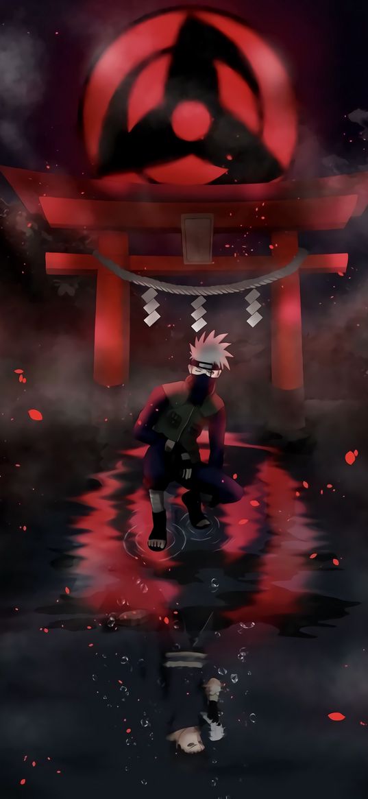 kakashi hatake, naruto, anime, gate, sharingan, water, reflection, art